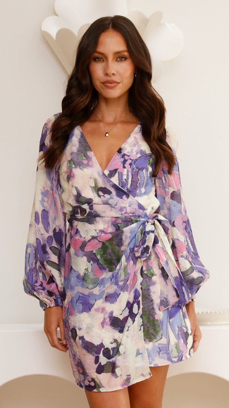 Jemma Long Sleeve Mini Dress - Purple Abstract