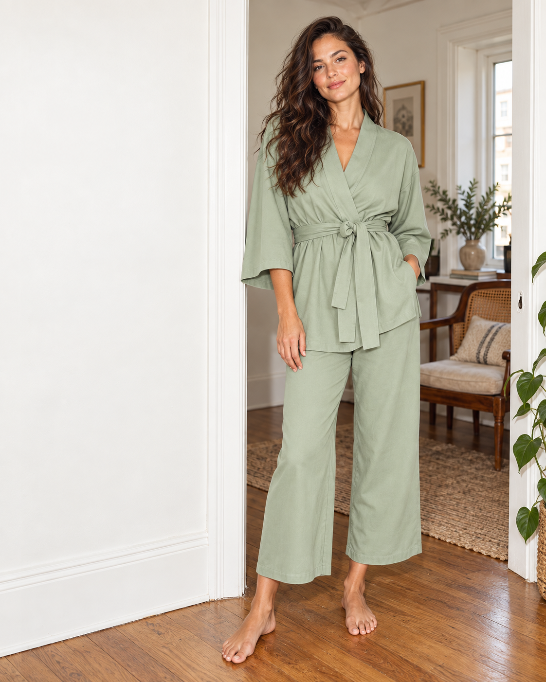 Original model wearing the Store's sage three-piece lounge set