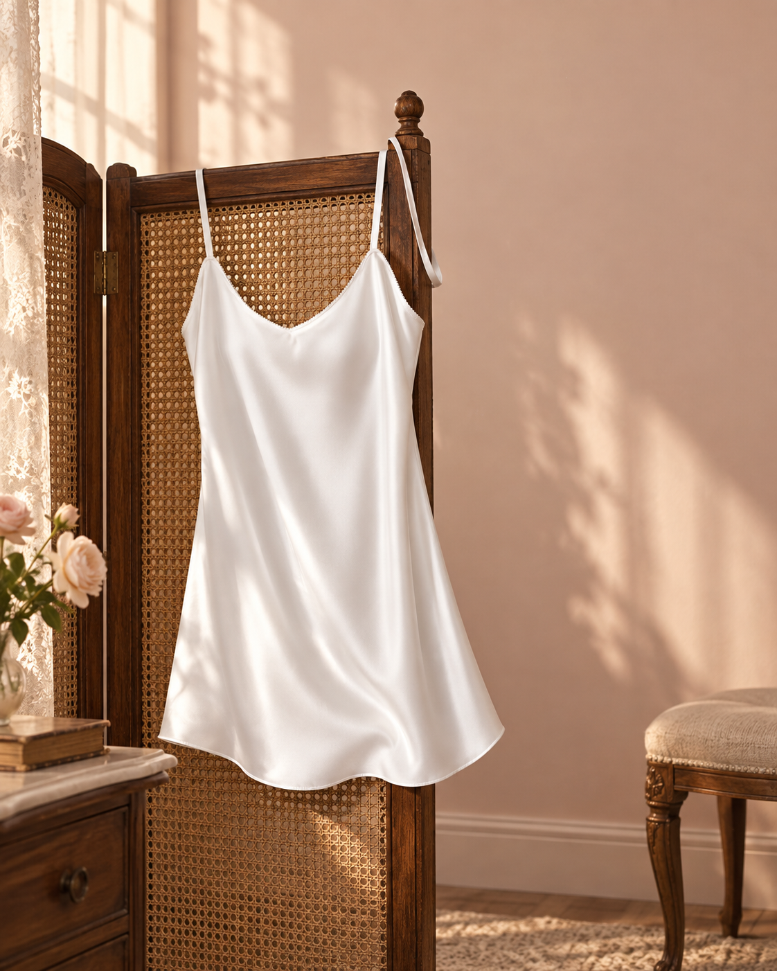 The Store's white silk short nightgown in an original bedroom still life