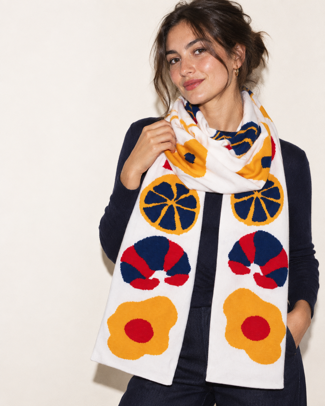Original model wearing the Store's graphic breakfast scarf